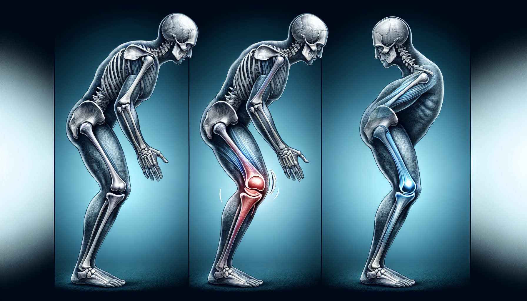 Illustration of corrected knee deformities and improved posture after knee arthroplasty