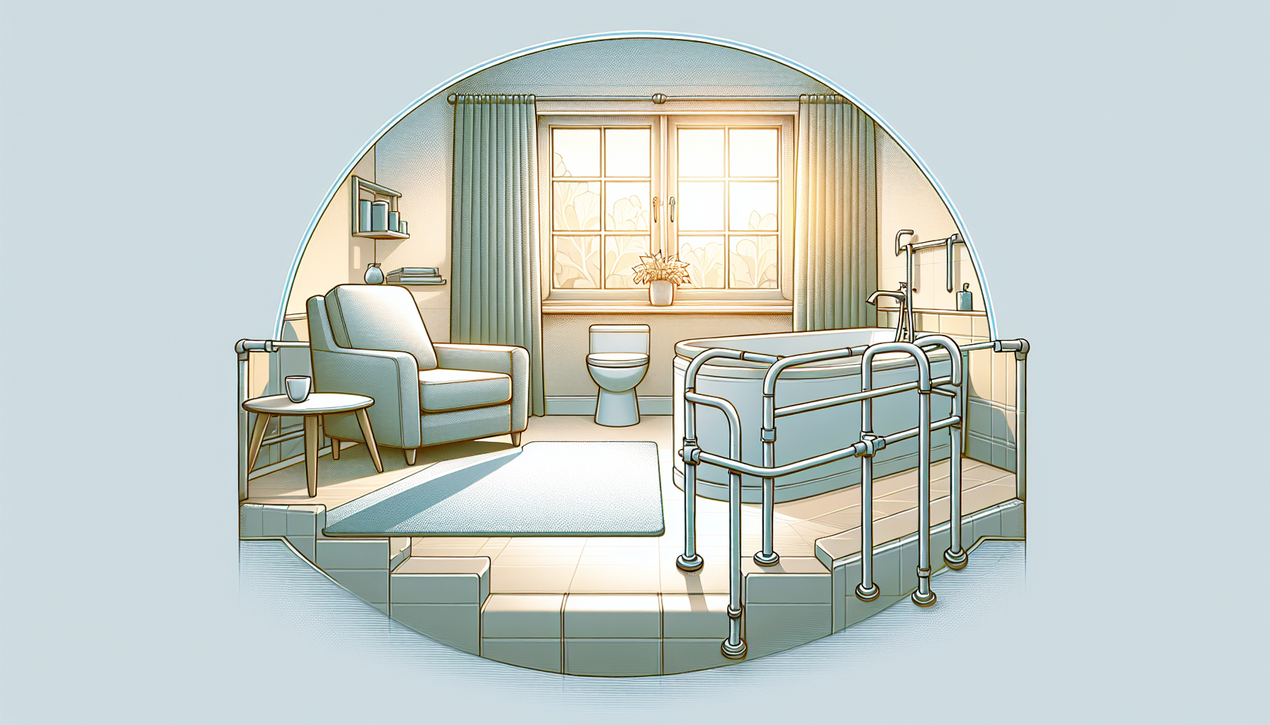 Home preparation for knee arthroplasty recovery with arranged furniture and handrails